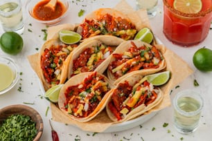 a platter of tacos with salsa and limes