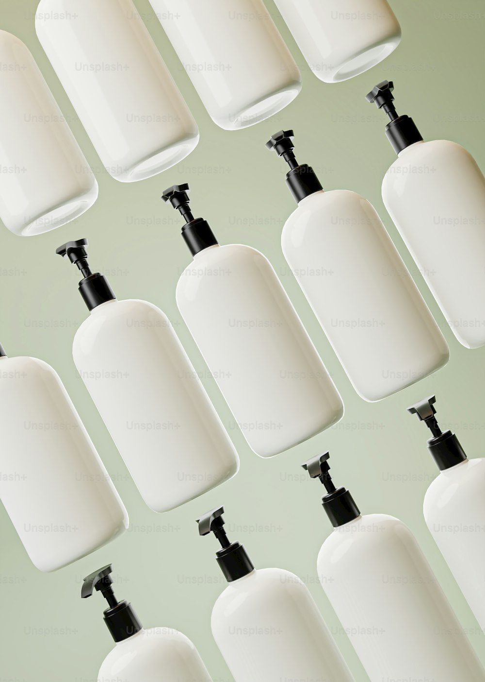 a bunch of soap dispensers lined up in a row