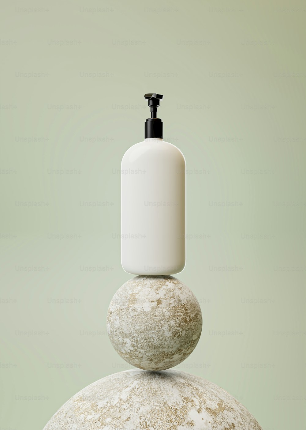 a soap dispenser sitting on top of a rock