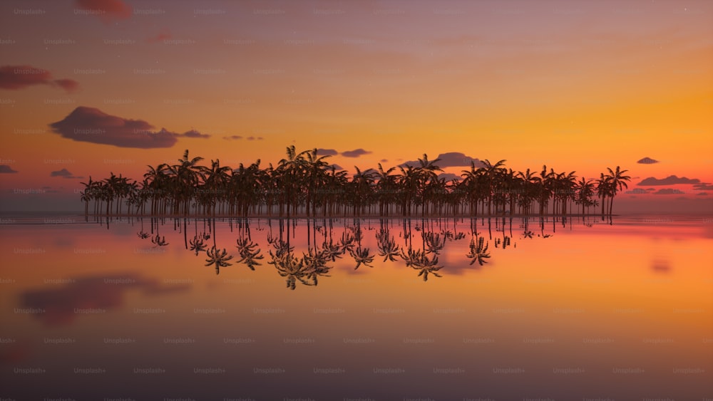 a group of palm trees sitting in the middle of a body of water