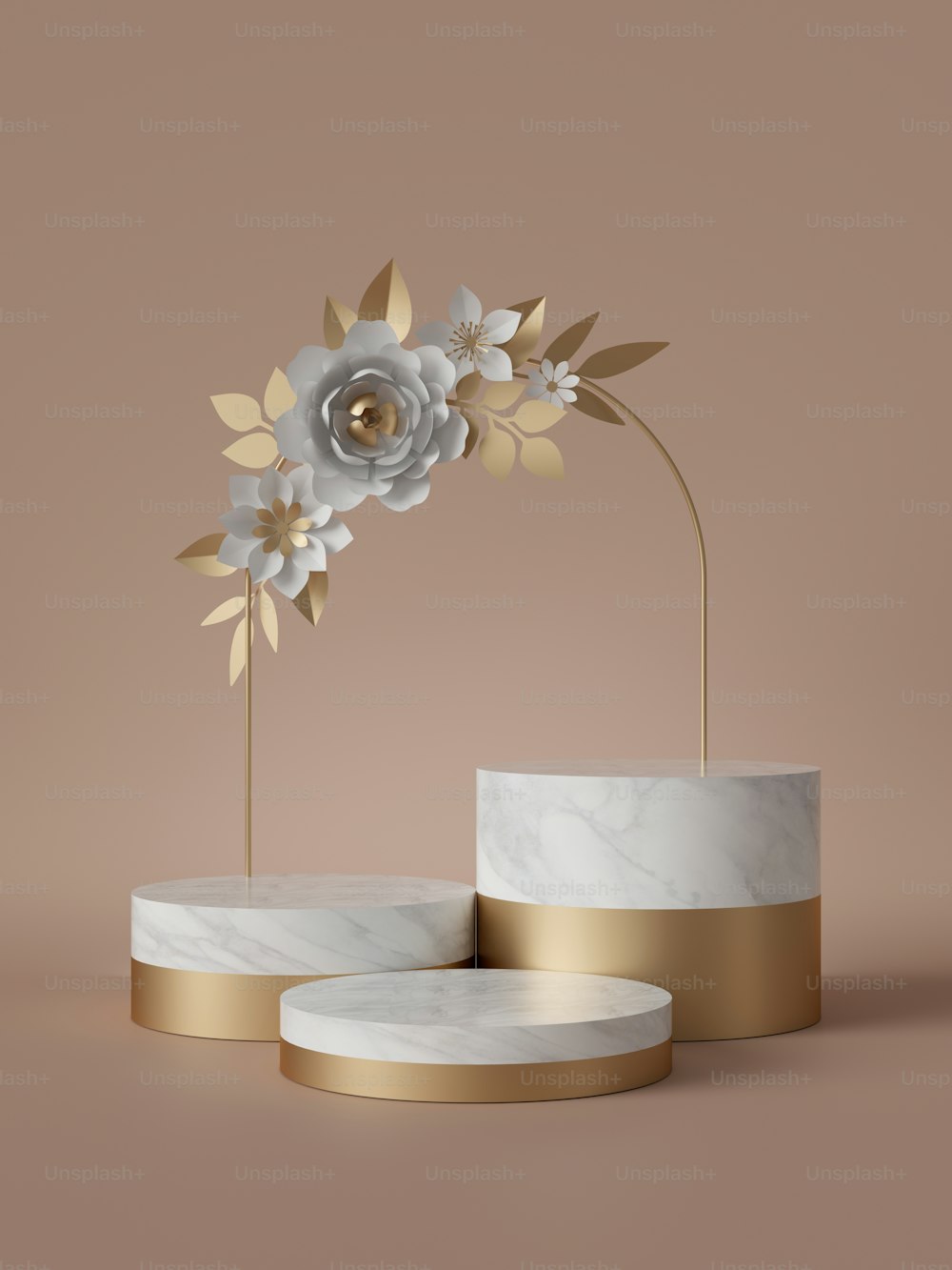 3d render, marble podium, round pedestal, arch, paper flowers, floral arrangement, isolated on beige background. Poster template, blank mockup. Abstract minimal fashion design, luxury concept