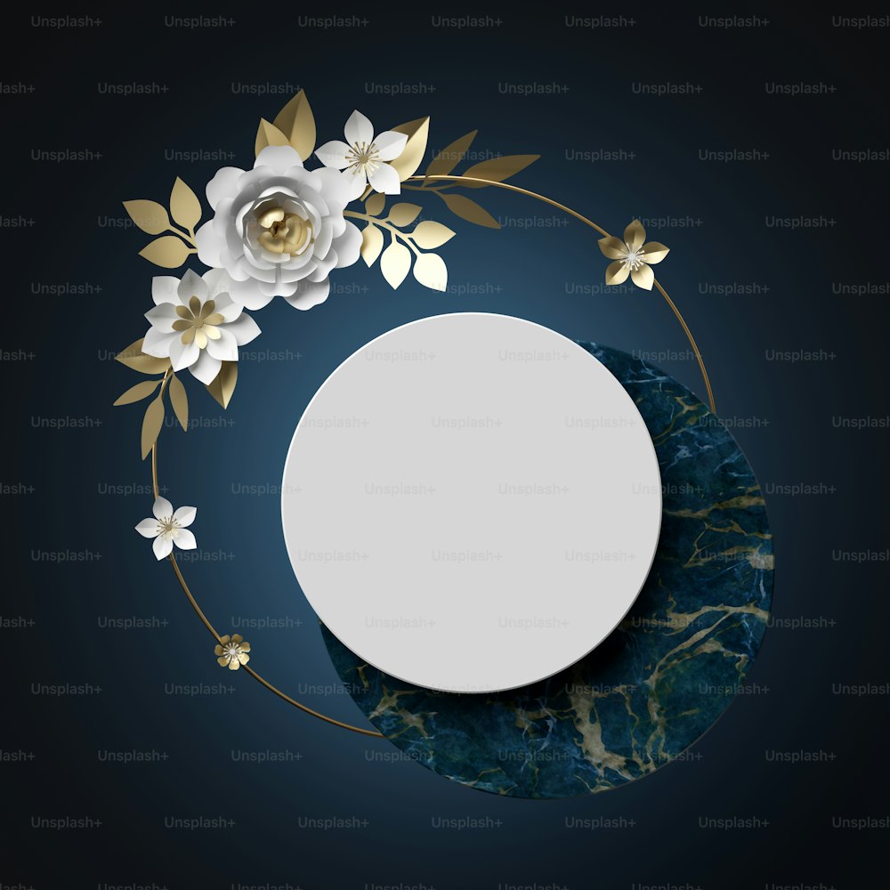 abstract floral background. Modern minimal 3d render. Marble round board, white and gold paper flowers, empty space. Blank banner, greeting card mockup. Geometrical shapes and botanical arrangement.