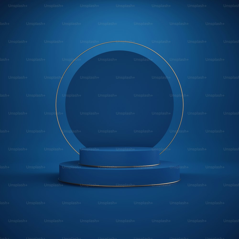 3d render. Minimal abstract background. Empty podium, vacant pedestal, modern stage, showcase. Round gold frame, cylinder steps, modern concept, blank space. Classic blue color of the year 2020