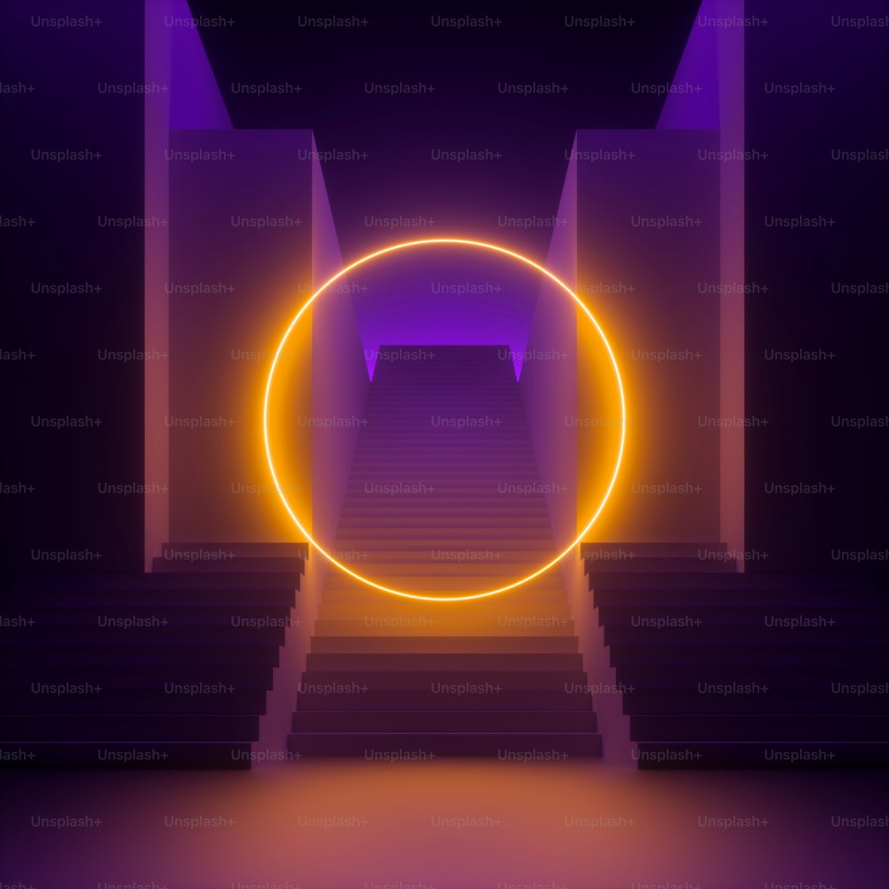3d render, abstract modern minimal violet background, yellow neon light glowing ring, blank round frame. Empty staircase perspective. Futuristic urban concept
