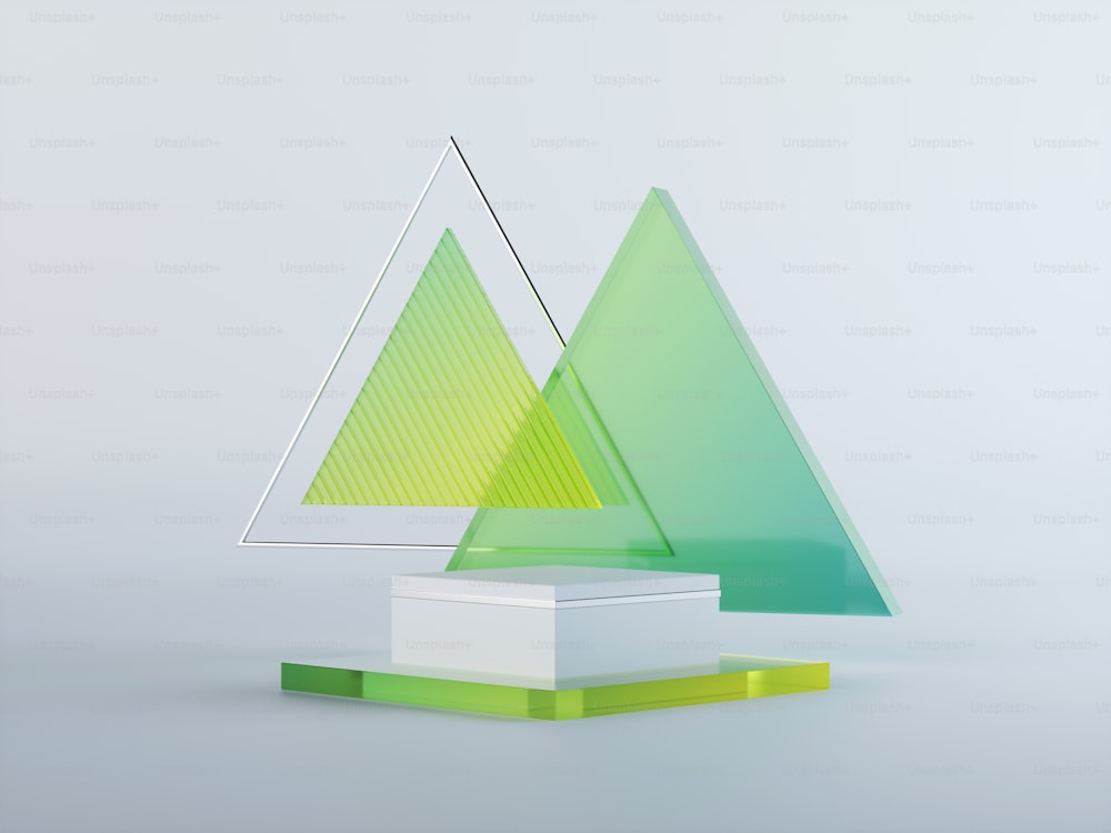 3d 렌더링, 녹색 반투명 삼각형 유리가 있는 추상적인 기하학적 배경. 현대적인 미니멀 쇼케이스 모형. 빈 받침대, 빈 연단, 상업용 제품 전시를 위한 무대 플랫폼