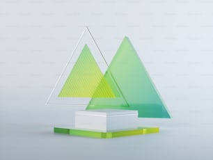 Render 3D, sfondo geometrico astratto con vetro triangolare traslucido verde. Moderno mockup minimale della vetrina. Piedistallo vuoto, podio vuoto, piattaforma scenica per l'esposizione di prodotti commerciali