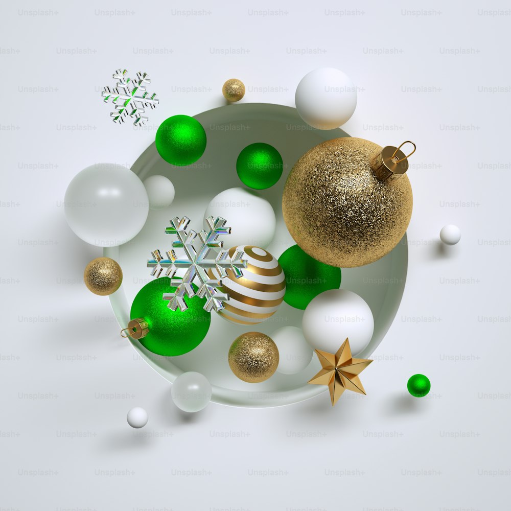Render 3D, fondo geométrico abstracto. Bolas de vidrio verde y dorado navideño, adornos, copos de nieve de cristal y estrellas, colocados dentro de un nicho redondo blanco