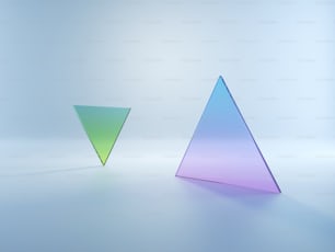 白い背景に3Dレンダリング、抽象的な単純な幾何学的形状。緑の青紫のグラデーションを持つ平らな三角形のガラス。現代のミニマルコンセプト