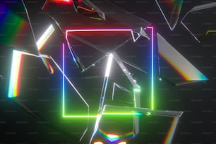 3D-Rendering, abstrakter futuristischer Hintergrund mit leuchtendem quadratischem Rahmen und zerbrochenem Glas, bunte Laserstrahlen