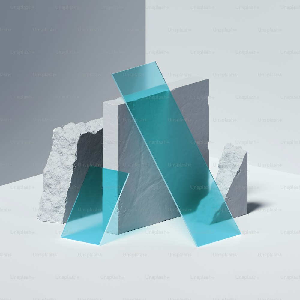 Render 3D, fondo geométrico abstracto con bloques de hormigón blanco, ruinas de piedra rota y piezas de vidrio cuadrado azul. Escena moderna de escaparate isométrico mínimo