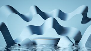 Renderização 3D, fundo azul pastel abstrato. Vitrine de moda moderna para apresentação de produtos, cena minimalista com pódio vazio, fitas onduladas e reflexos na água