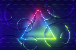 Rendering 3D, sfondo al neon colorato astratto con cornice triangolare e sfere di vetro. Forma geometrica luminosa e bolle traslucide