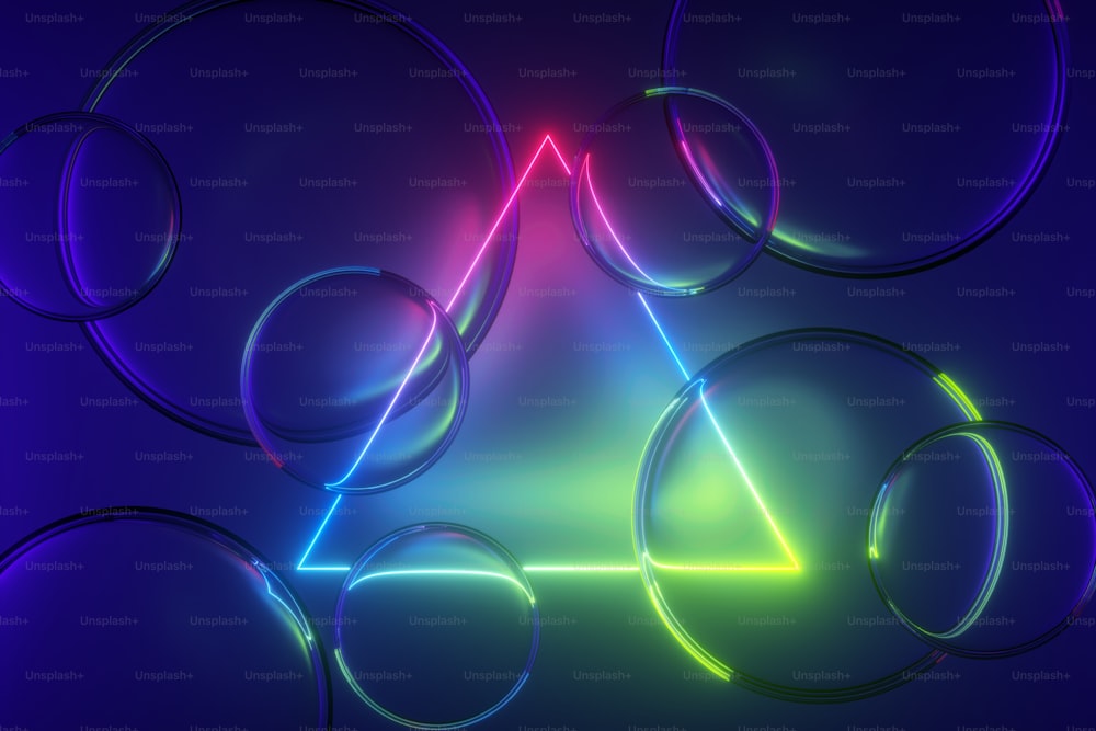 3D-Rendering, abstrakter bunter Neonhintergrund mit dreieckigem Rahmen und Glaskugeln. Leuchtende geometrische Form und durchscheinende Blasen