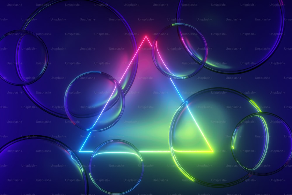 3d render, abstract colorful neon background with triangular frame and glass balls. Glowing geometric shape and translucent bubbles