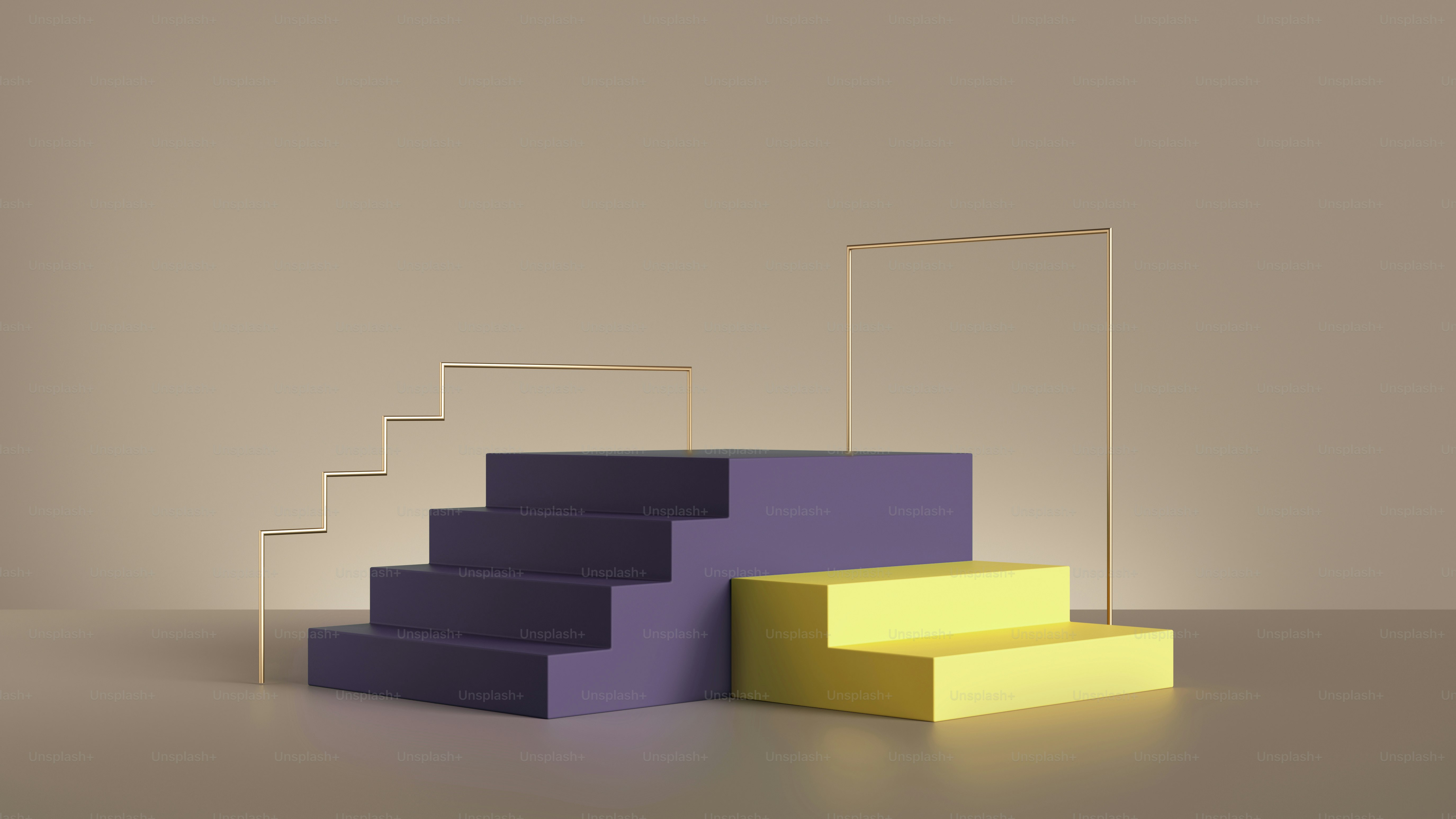 3d render, abstract yellow violet pedestal steps isolated on beige background. Modern minimal showcase scene for product presentation