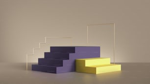 3D-Rendering, abstrakte gelbviolette Sockelstufen isoliert auf beigefarbenem Hintergrund. Moderne minimalistische Vitrinenszene für die Produktpräsentation