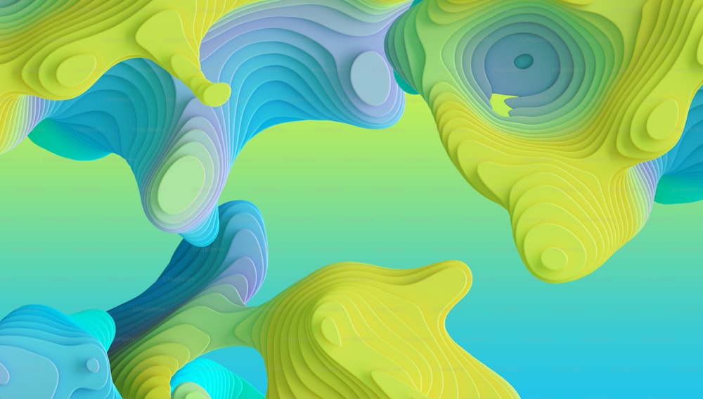 Rendu 3D, fond néon coloré abstrait avec des formes courbes volumétriques et des lignes ondulées. Papier peint créatif bleu menthe vert jaune avec effet marbré