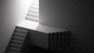 3Dレンダリング、階段と階段を持つミニマリストの建築背景。幾何学的な壁紙