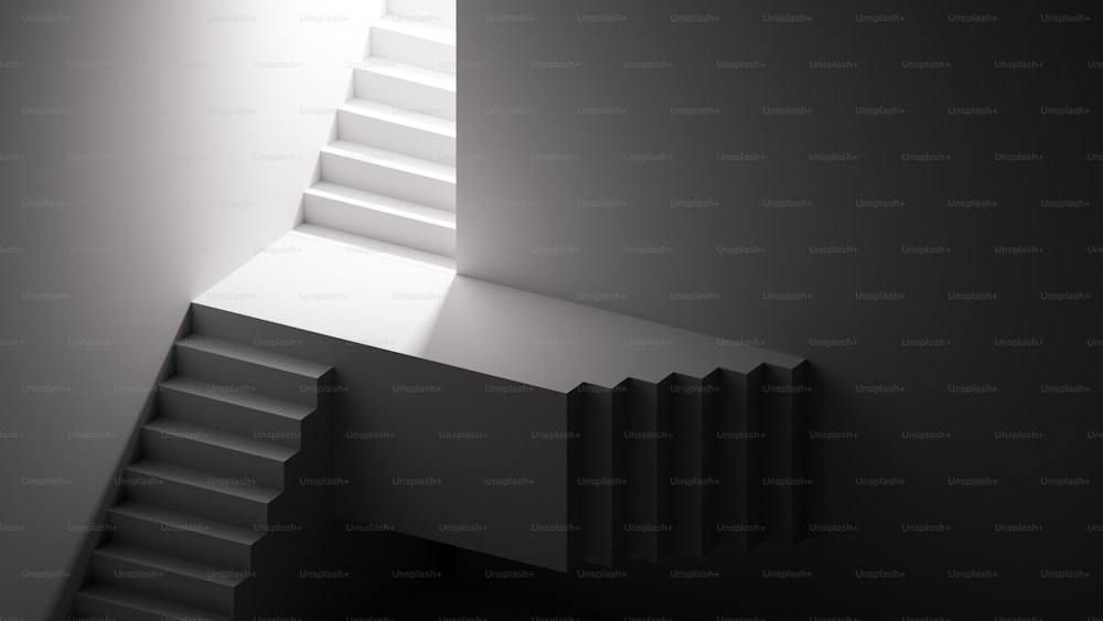 Renderizado 3D, fondo arquitectónico minimalista con escalones y escaleras. Fondo de pantalla geométrico