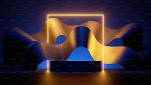 3D-Rendering, abstrakter Modehintergrund mit gewellten Papierbändern, quadratische Linie, die mit gelbem Neonlicht leuchtet, und leeres Podium. Futuristisches Schaufenster mit Plattform zur Produktpräsentation