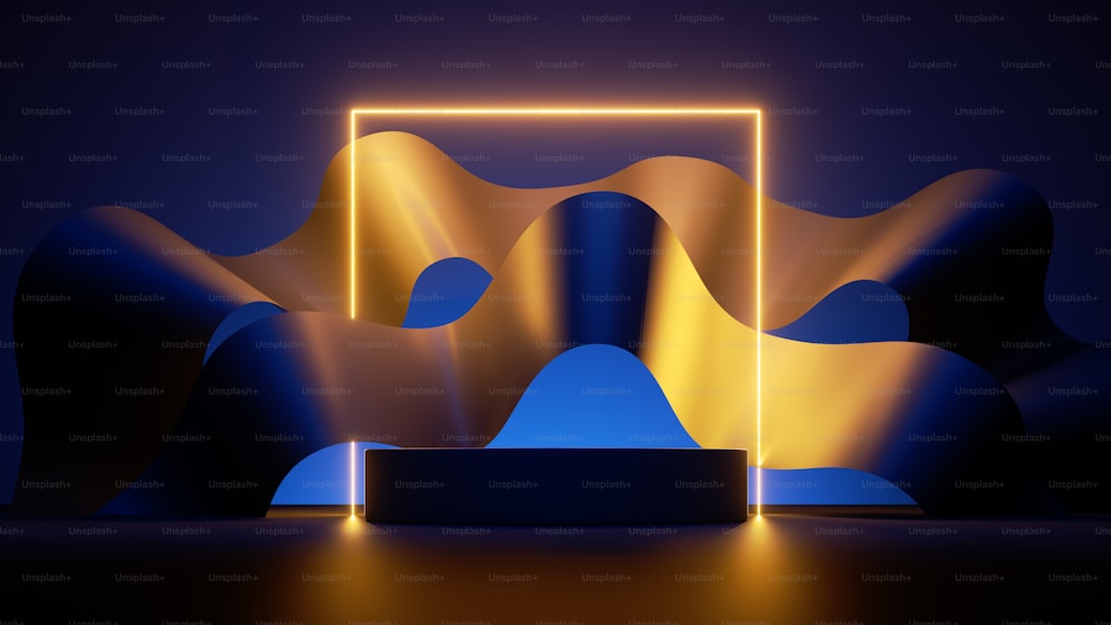 3d render, abstract fashion background with wavy paper ribbons, square line glowing with yellow neon light and empty podium. Futuristic showcase with platform for product presentation