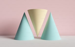 3d render, abstract background, cones, primitive geometric shapes, pastel color palette, simple mockup, minimal design elements