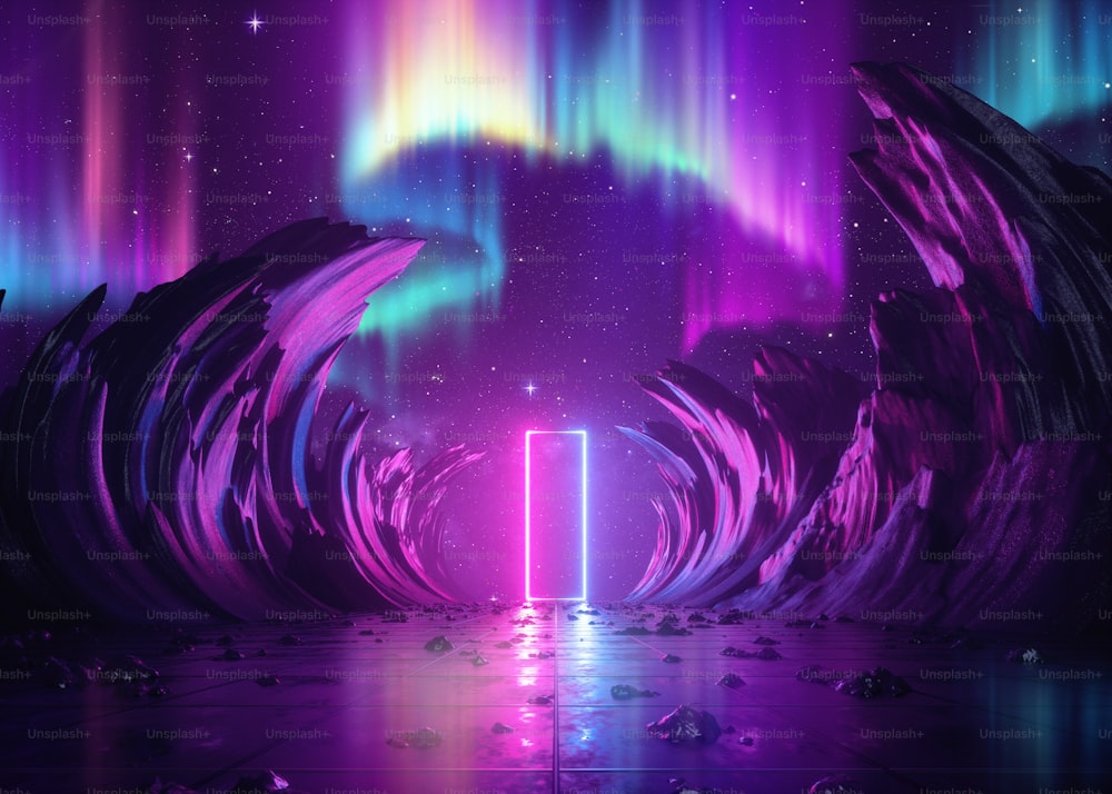 3d render, abstract pink blue neon background, cosmic landscape, northern polar lights, esoteric rectangular portal, virtual reality, ultraviolet spectrum, rocks
