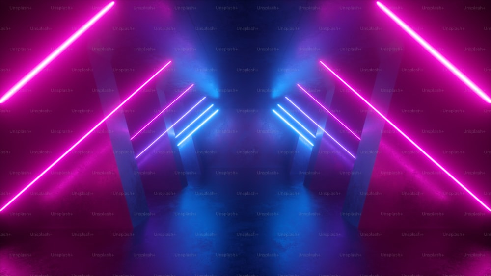 3d render, neon abstract background, empty room, tunnel, corridor, glowing lines, geometric, ultraviolet light