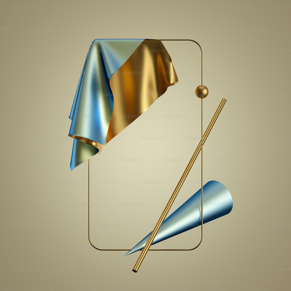 3d render. Modern minimal abstract background. Gold blue folded drapery, textile cloth, metallic fabric, holographic foil, geometrical primitive shapes. Isolated objects, golden frame, copy space.