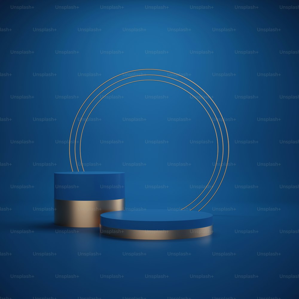 3d render, abstract minimal background. Empty cylinder podium, vacant pedestal, stage, showcase stand. Blank space, premium minimalist mockup. Art deco round frame. Classic blue color of the year 2020
