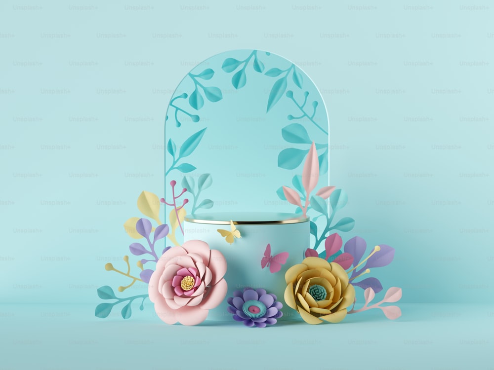 3d render abstract blue botanical background with colorful paper flowers. Blank commercial poster mockup. Festive floral arch. Shop product display showcase, empty podium, vacant pedestal, round stand