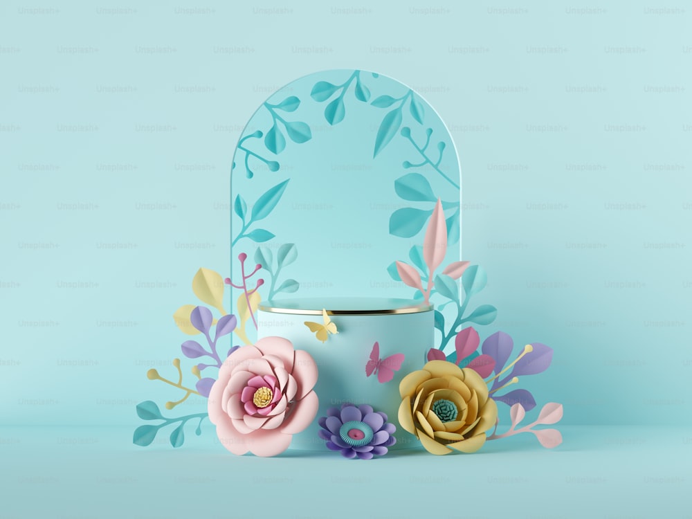Render 3D fondo botánico azul abstracto con coloridas flores de papel. Maqueta de póster comercial en blanco. Arco floral festivo. Escaparate de exhibición de productos de la tienda, podio vacío, pedestal vacío, stand redondo