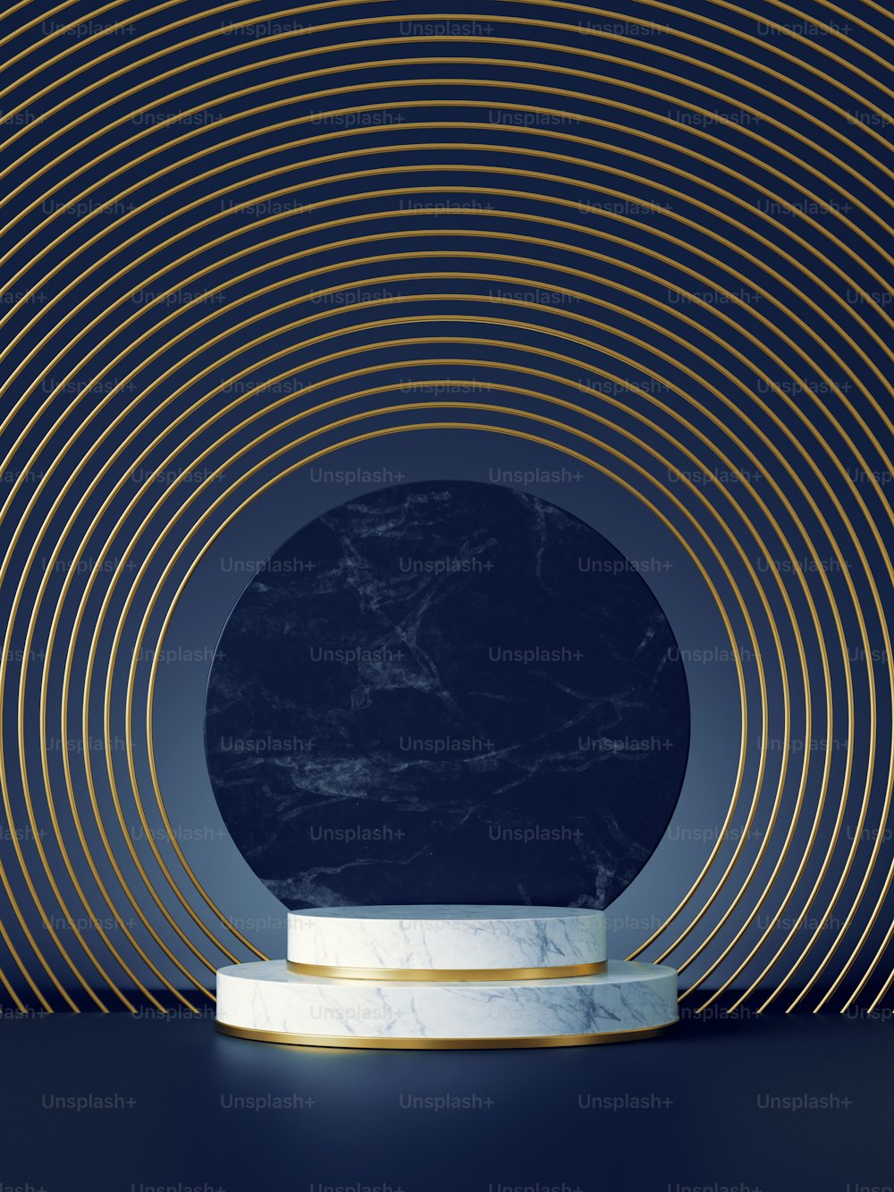 3D-Darstellung von weißen Marmorstufen und leerer runder Gedenktafel auf dunkelblauem Hintergrund. Goldene geometrische Art-Deco-Rahmen, abstraktes minimalistisches Modell mit Kopierraum