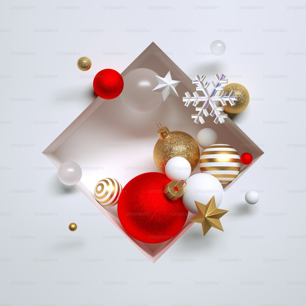 Rendu 3D, ornements assortis de Noël, boules de verre rouge et or, flocons de neige en cristal et étoiles, placés à l’intérieur d’une niche carrée en losange. Fond géométrique festif abstrait