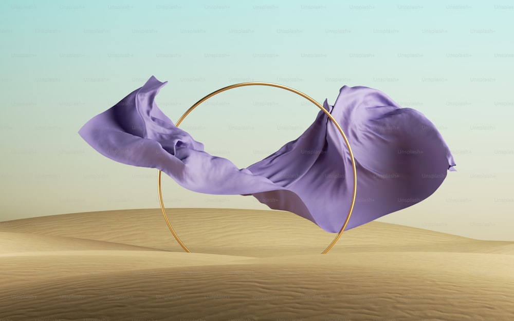 3D-Rendering, abstrakter Modehintergrund mit violett fallendem Vorhang und goldenem Rundrahmen auf einer Wüstenlandschaft, modernes Minimalkonzept