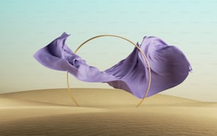 Rendering 3D, sfondo di moda astratto con panneggi viola che cadono e cornice rotonda dorata su un paesaggio desertico, concetto minimale moderno