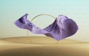 3d render, abstract fashion background with violet falling drapery and golden round frame on a desert landscape, modern minimal concept