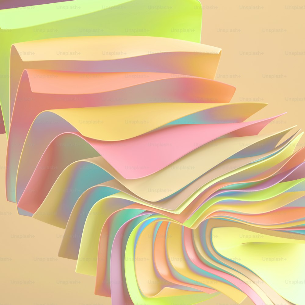 3Dレンダリング、抽象的なカラフルな背景に浮揚する紙の紙シート。ファッションの壁紙。カラフルなパステル調のホログラフィックスウォッチ