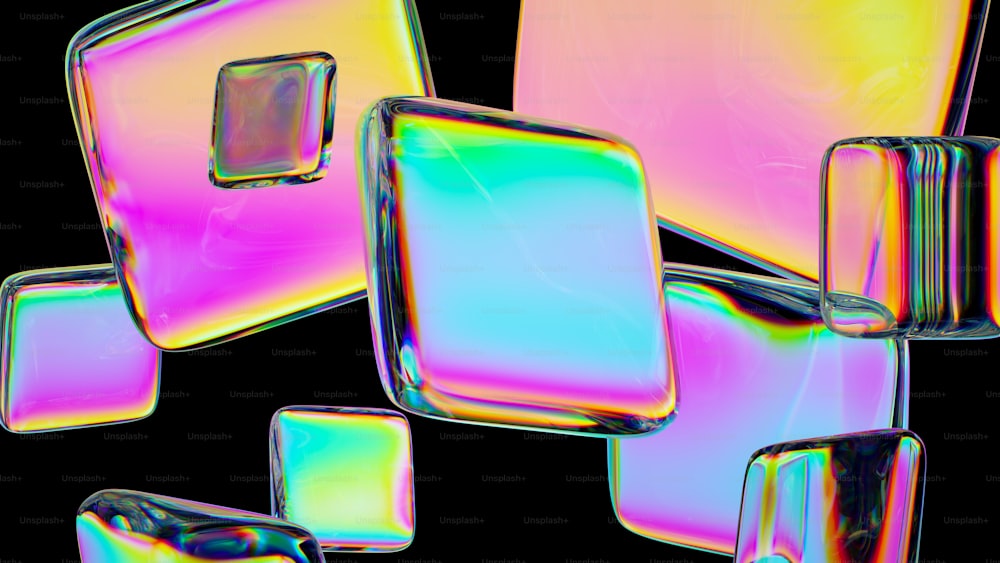 Rendering 3D, piastrelle di vetro colorate astratte con rivestimento a spettro iridescente, isolate su sfondo nero