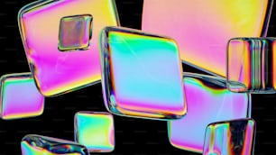 Renderizado 3D, baldosas de vidrio coloridas abstractas con revestimiento de espectro iridiscente, aisladas sobre fondo negro