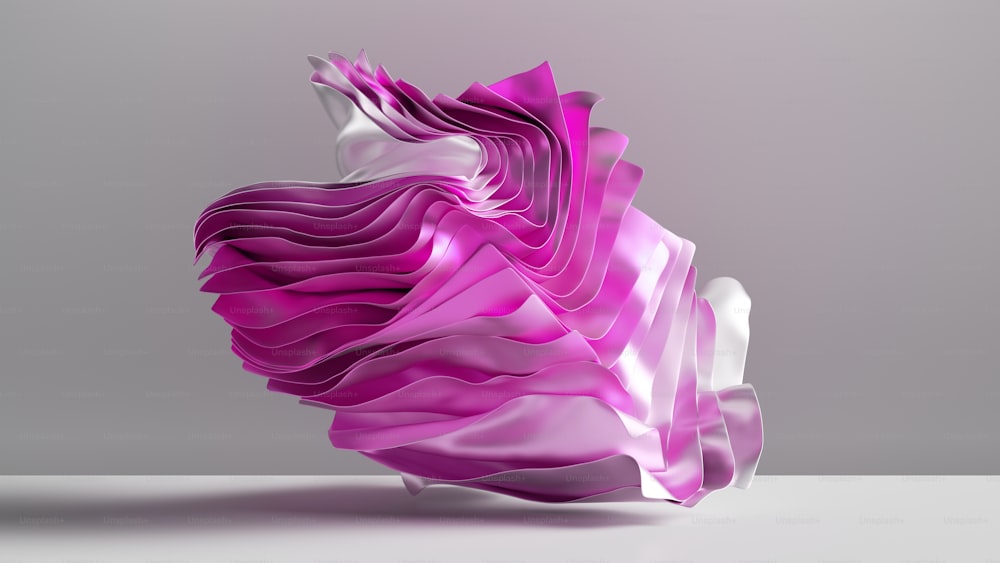 3D-Rendering, abstrakte Tapete mit fallendem gefaltetem Textil, schwebendem zerknittertem Stoff, Modehintergrund mit wehenden Stoffschichten, rosa-weißer Farbverlauf