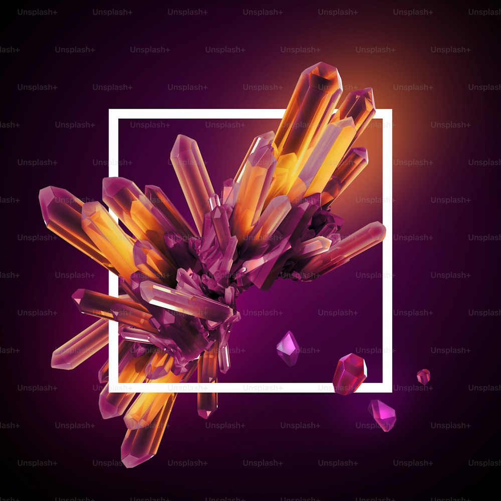 3d render, digital illustration, abstract crystals in square frame, modern gemstone background, yellow pink nugget