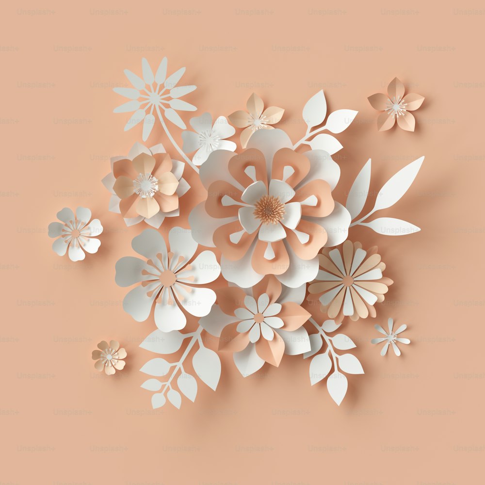 Renderização 3d, flores de papel abstratas, buquê de noiva, elementos decorativos de design floral. fundo rosa rosa pêssego
