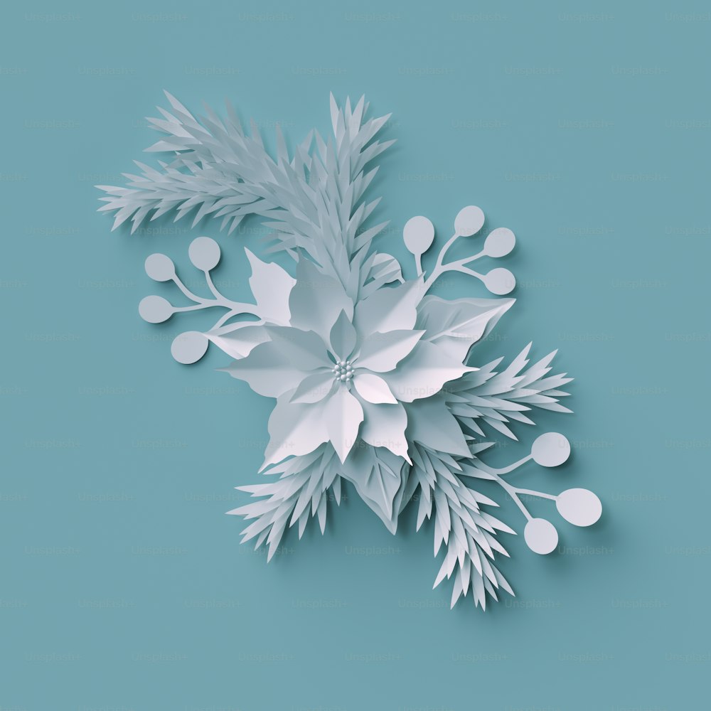 Rendu 3D, fond de Noël, arrangement floral en papier blanc, éléments festifs, décoration de vacances, carte de vœux