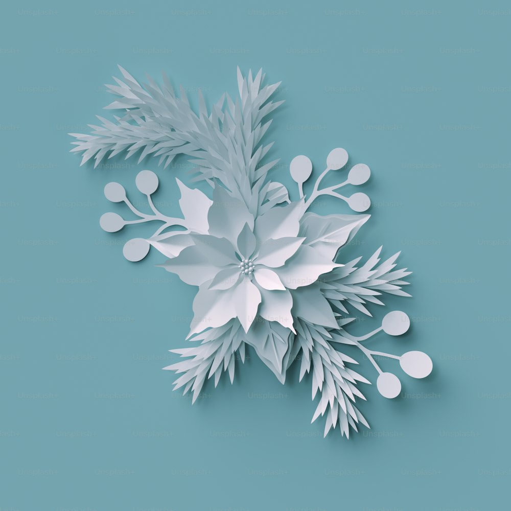 3d render, Christmas background, white paper flower arrangement, festive elements, holiday decoration, greeting card