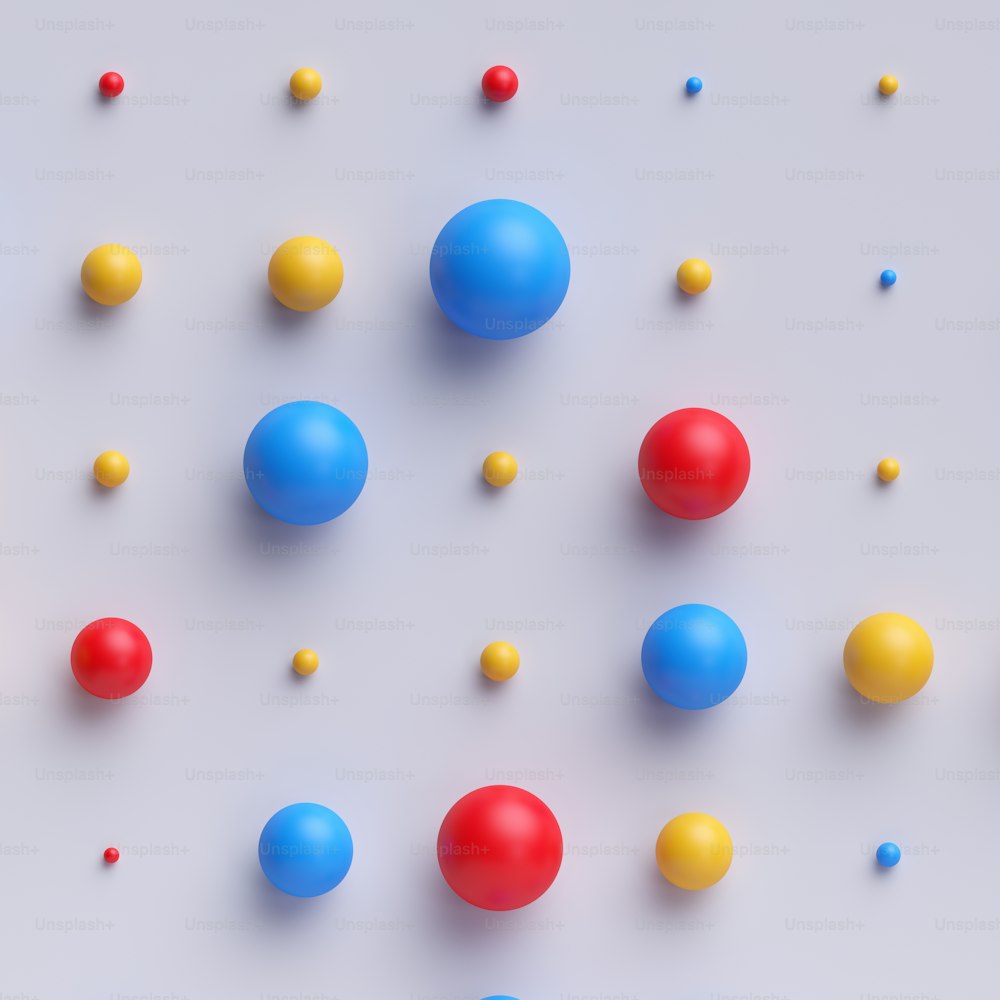 Rendu 3D, boules colorées abstraites, perles, bonbons, pilules, rouge bleu jaune couleurs mélangées, isolé sur fond blanc
