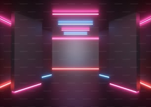 3d render, empty room walls, pink red blue neon light, abstract background, glowing lines, night club interior, fashion stage podium, corridor