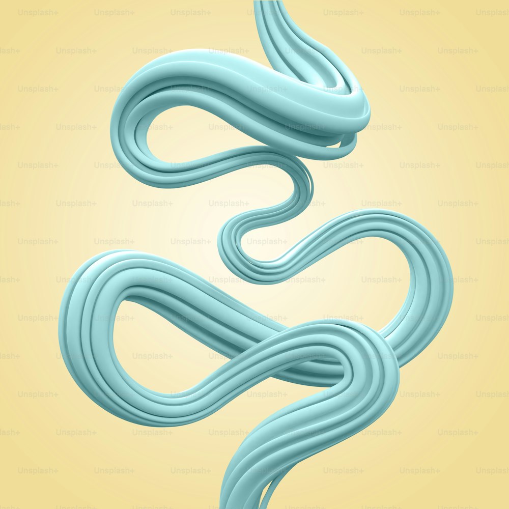 Renderizado 3D, forma abstracta, líneas onduladas azules aisladas sobre fondo amarillo, chorro líquido, bastón de caramelo de color pastel