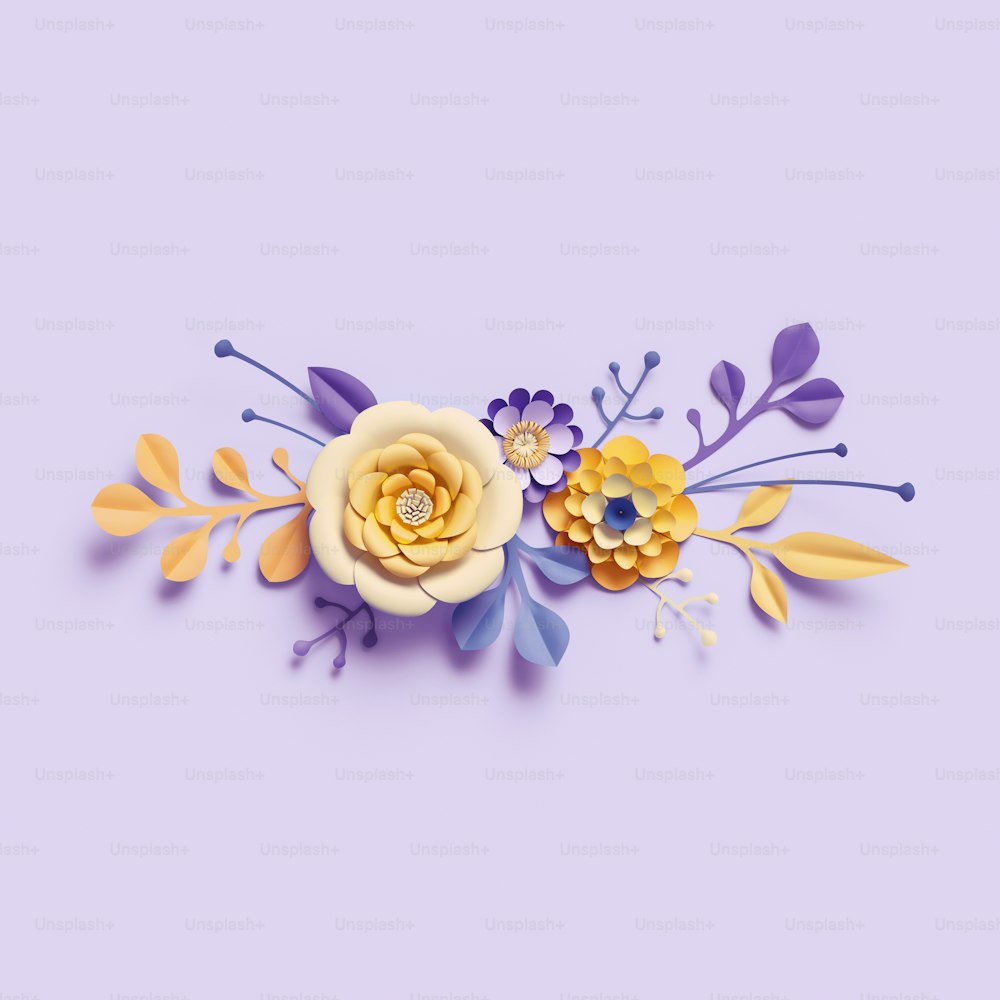 Render 3d, fiori di carta gialla su sfondo viola, bouquet floreale, bordo orizzontale, elementi artigianali, disposizione botanica, colori vivaci caramelle, natura isolata clip art, abbellimento decorativo