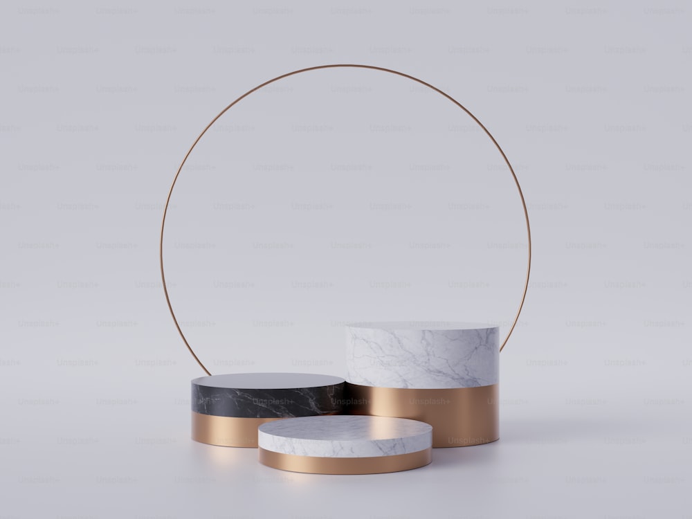 Rendu 3D de marches de piédestal en marbre noir blanc isolées sur fond blanc, anneau doré, cadre rond, 3 cylindres, concept minimal abstrait, espace vide, design épuré simple, maquette minimaliste de luxe